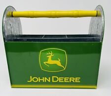 John Deere Green Metal Tin Tool Box Caddy Wooden Handle