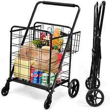Heavy Duty Folding Shopping Cart Utility Jumbo Double Basket 330lbs Black