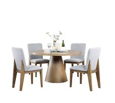5 Piece Round 52 Dining Table Set Mdf Linen Gray Upholstered Chairs Oak Finish
