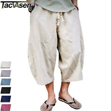 Mens Cotton Linen Shorts 34 Length Elasticated Waist Baggy Loose Casual Pants