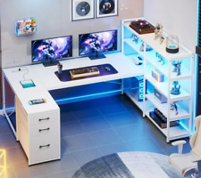 U-shaped Desk Large Bookcase White Office Gaming Power Outlet Led Lights Shelves