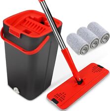 360 Flat Floor Mop Bucket Set Self Cleaning Wet Dry Usage With Microfiber Pads