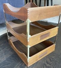 Vintage Wooden Three-tier Paper Desk Tray Trays Brass Stackable In Out 14