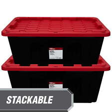 40 Gallon Snap Lid Plastic Storage Bin Container Black With Red Lid