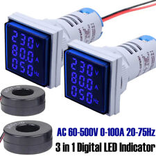 2pc 3-in-1 22mm Digital Led Indicator Ac 60-500v 0-100a Volt Amp Frequency Meter