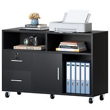 Wood File Cabinet Mobile Lateral Storage Black W 2 Drawers Home Office Shelves