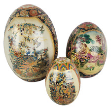 Vtg 3 Japanese Porcelain Ceramic Egg Hand Painted Geisha Oriental Peacock People