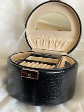 Vtg 2 Tier Black Croc Patent Leather Jewelry Box Tan Velvet Organizer Lock-key