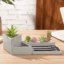 Modern Gray Concrete Desk Pen Tray W Mini Succulent Planter Decor 2 Piece Set