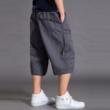 Mens Solid Plus Size 34 Length Cargo Pants Shorts Baggy Casual Cotton Trousers