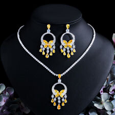 Yellow Topaz Cubic Zirconia Big Tassel Drop Necklace Earrings Unique Jewelry Set
