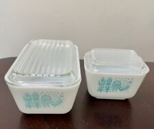 2 Pyrex Amish Butterprint Turquoise Rooster 501 502 Refrigerator Dishes 2 Lids