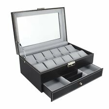 12 Slots Leather Watch Box Display Glass Top Jewelry Case Organizer