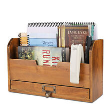 3 Tier Wooden Desk Organizer - Rustic Slot Sorter Shelf Holder With Drawer
