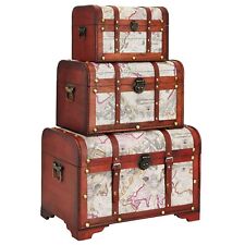 Set Of 3 Wooden Storage Trunks And Chests Antique Map Print Suitcases