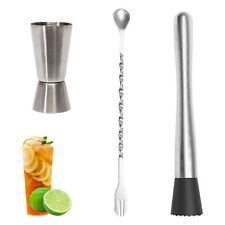 3pcs Stainless Steel Cocktail Muddler And Mixing Spoon Kit Home Bar Tool Set