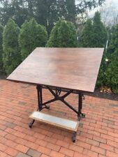 1900s Keuffel Esser Drafting Table Double Cast Iron Pedestals Pine Top