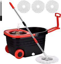 Spin Mop And Bucket With Wringer Set On Wheels With 3 Microfiber Mop Head Black