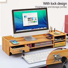 Wood Desk Organizer W Drawers Office Desktop Storage Monitor Holder With Lock