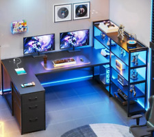 U-shaped Desk Large Bookcase Black Office Gaming Power Outlet Led Lights Shelves