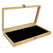 Natural Wood Glass Top Lid Black Pad Display Box Case Medals Awards Jewelry Knif