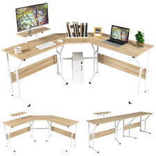 L-shaped Reversible Computer Desk Long Table For 2 Person Monitor Stand Oak