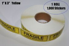 Yellow 1-roll 1000 1x3 Fragile Handle With Care Stickers Labels Strong Adhesive
