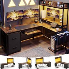 L Shaped Computer Desk With Power Outlet And Led Strip Home Office Desk Brown