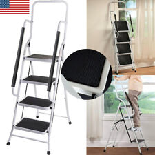 4 Step Folding Ladder With Handrails Safety Non-slip Side Armrests For Home