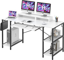 White Desk With Keyboard Tray 55 Inch Desk With Storage Shelves Modern Desk