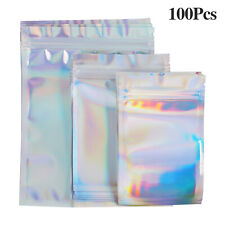 100pcs Holographic Mylar Foil Bag Resealable Ziplock Pouch Packaging Clear Front