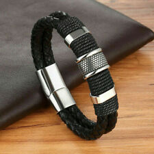 Black Braided Leather Silver Stainless Steel Cuban Chain Mens Bracelet Bangle