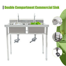 Catering Standing Stainless Steel Sink Double Washing Bowls W 2 Worktop Drainer