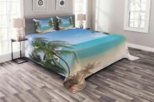 Exotic Quilted Bedspread Pillow Shams Set Panoramic View Beach Print