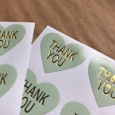 30 Heart Thank You Stickers Labels On Glossy Mint Paper With Gold Lettering