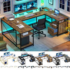 79 Inch U Shaped Desk With Power Outlets Led Lights Reversible Computer Desk