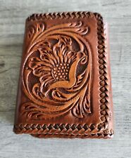 Western Tan Leather Tri-fold Wallet Floral Tooled Ranger Cordovan Stitch Edge