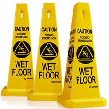 3-pack 26 Caution Wet Floor Cone Shaped Sign Yellowenglish Spanish
