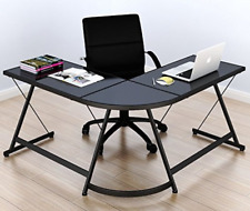 Shw Gaming Desk Computer L-shape Corner Studio Table Black Glass Top Black