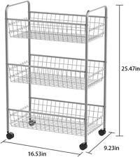 Utility Cart 3-tier Basket-style Home Storage Shelving Metal Mesh Rolling Cart
