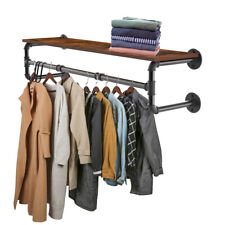 Rustic Industrial Pipe Clothing Rack Wall Mounted Real Wood Shelf Retail Garment