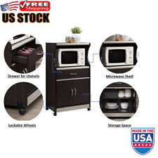 Microwave Kitchen Cart W Wheels Wooden Appliances Pots Pans Storage Home New