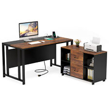 Rustic L Shaped Computer Desk With Power Outlet 55 Reversible Office Desk Set
