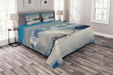 Winter Quilted Bedspread Pillow Shams Set Panoramic Mountains Walk Print