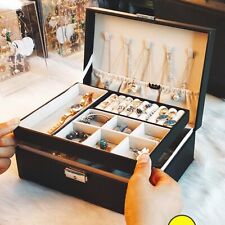 2 Layer Black Jewelry Box Organizer Storage Case With Lock For Women Girls Disp