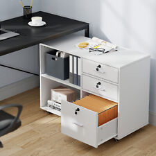 White File Cabinet Wood 3 Drawer Mobile Lateral Stand Filing Cabinet W Shelves