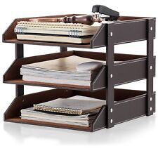 Geelin 3 Tier Stackable Letter Tray Holder Leather Desk Organizer Brown Pu Le...