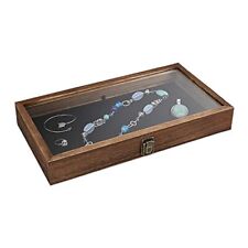Wooden Jewelry Display Case Tempered Glass Top Lid Brown For Earrings Rings