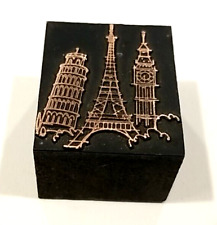 Vintage Eiffel Tower Copper Wood Letterpress Print Block Leaning Pisa
