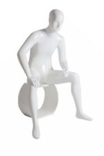 Adult Male Glossy White Fiberglass Seated Abstract Mannequin With Stool